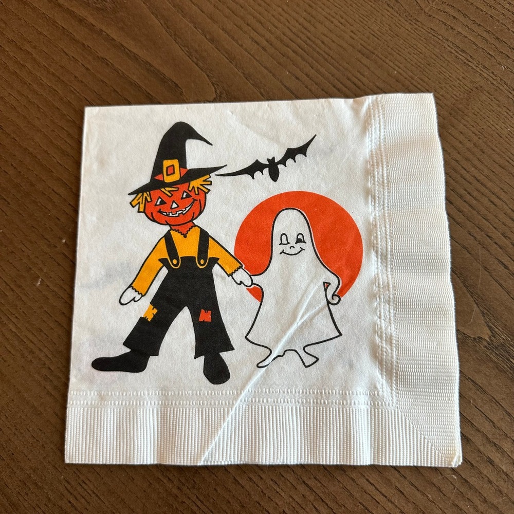 Vintage Halloween Paper Napkin Scarecrow Ghost Bat Mid Century Modern Decor